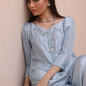 Elegant Light Blue Embroidered Dress - Farsi Salwar Raw Silk